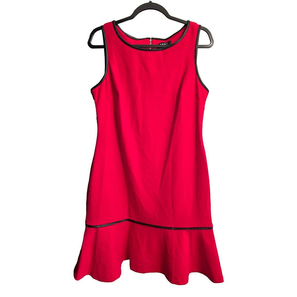 DKNY: Women's Red Dress with Black Leather Trim- size 12